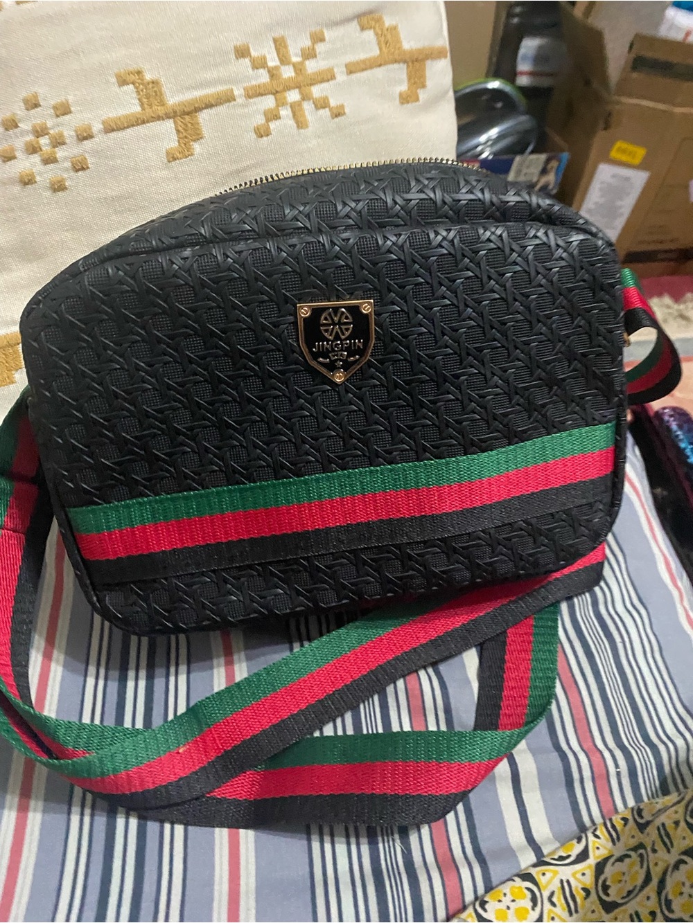 Black Messenger Bag with Green & Red Stripe